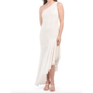 MAC DUGGAL Dress Size 6 Evening Gown Sequin Beaded Creamy White One Shoulder